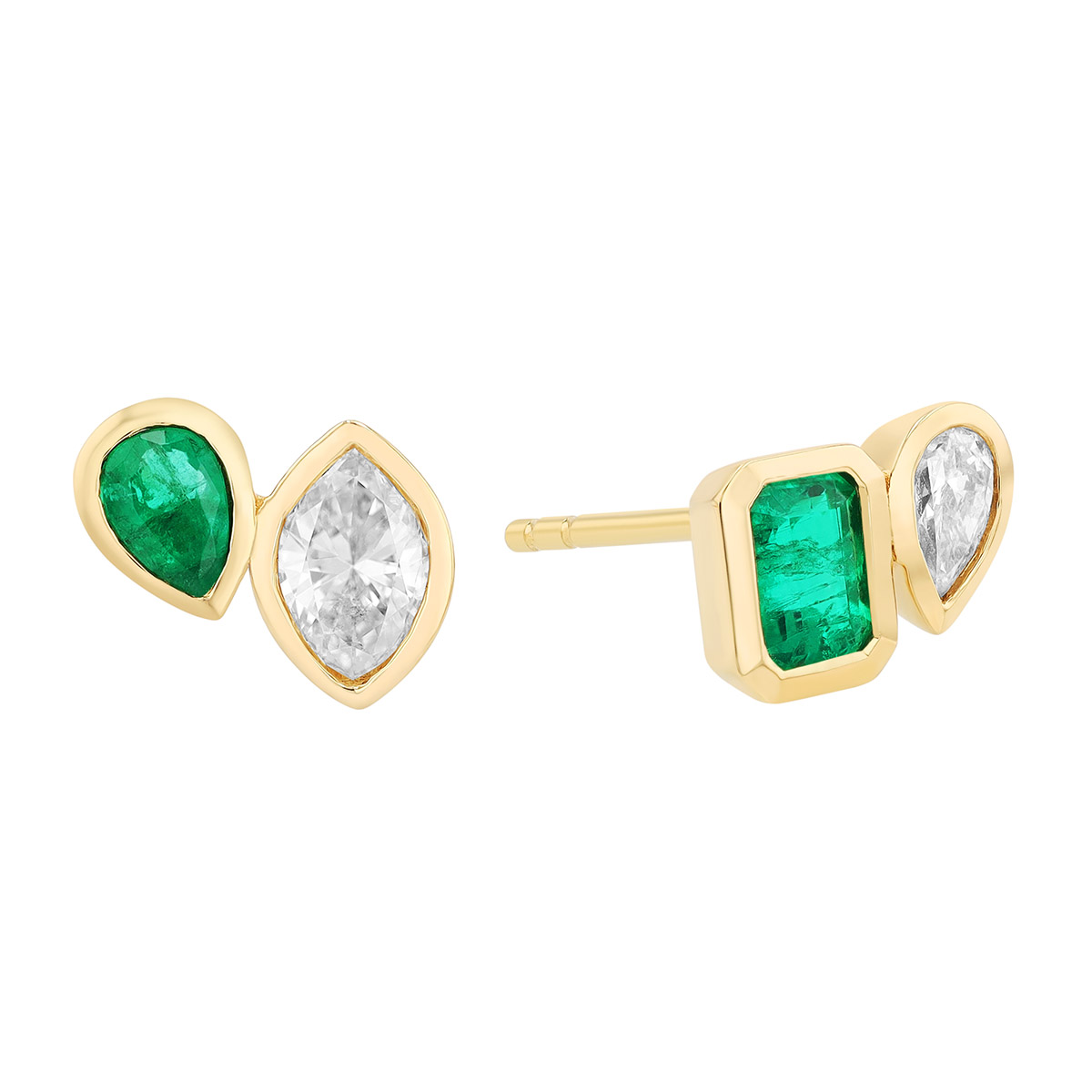 Bezel Set Emerald & Diamond Duo Stud Earrings in Yellow Gold
