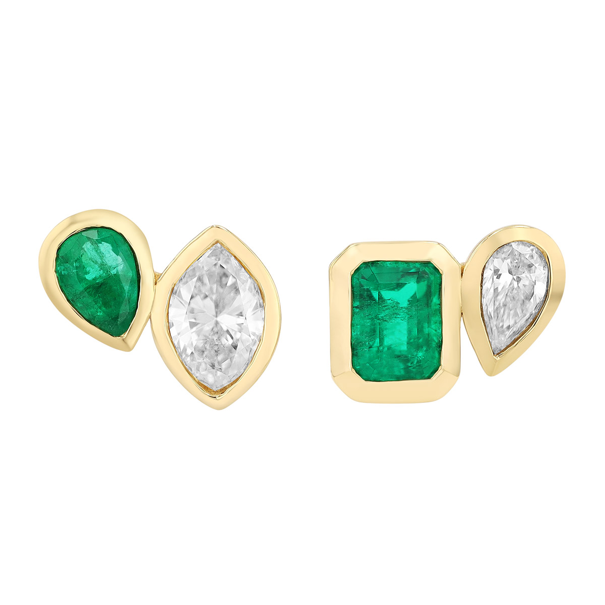 Bezel Set Emerald & Diamond Duo Stud Earrings in Yellow Gold