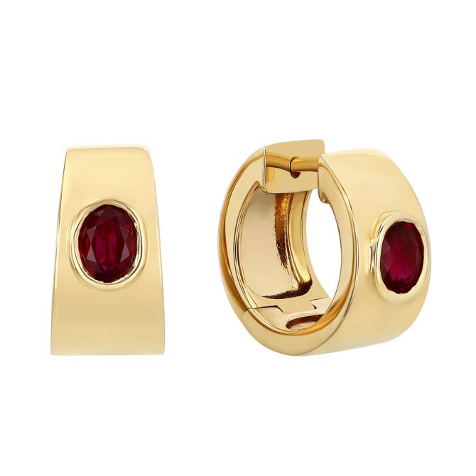 Bezel Set Oval Ruby Huggie Hoop Earrings in Yellow Gold