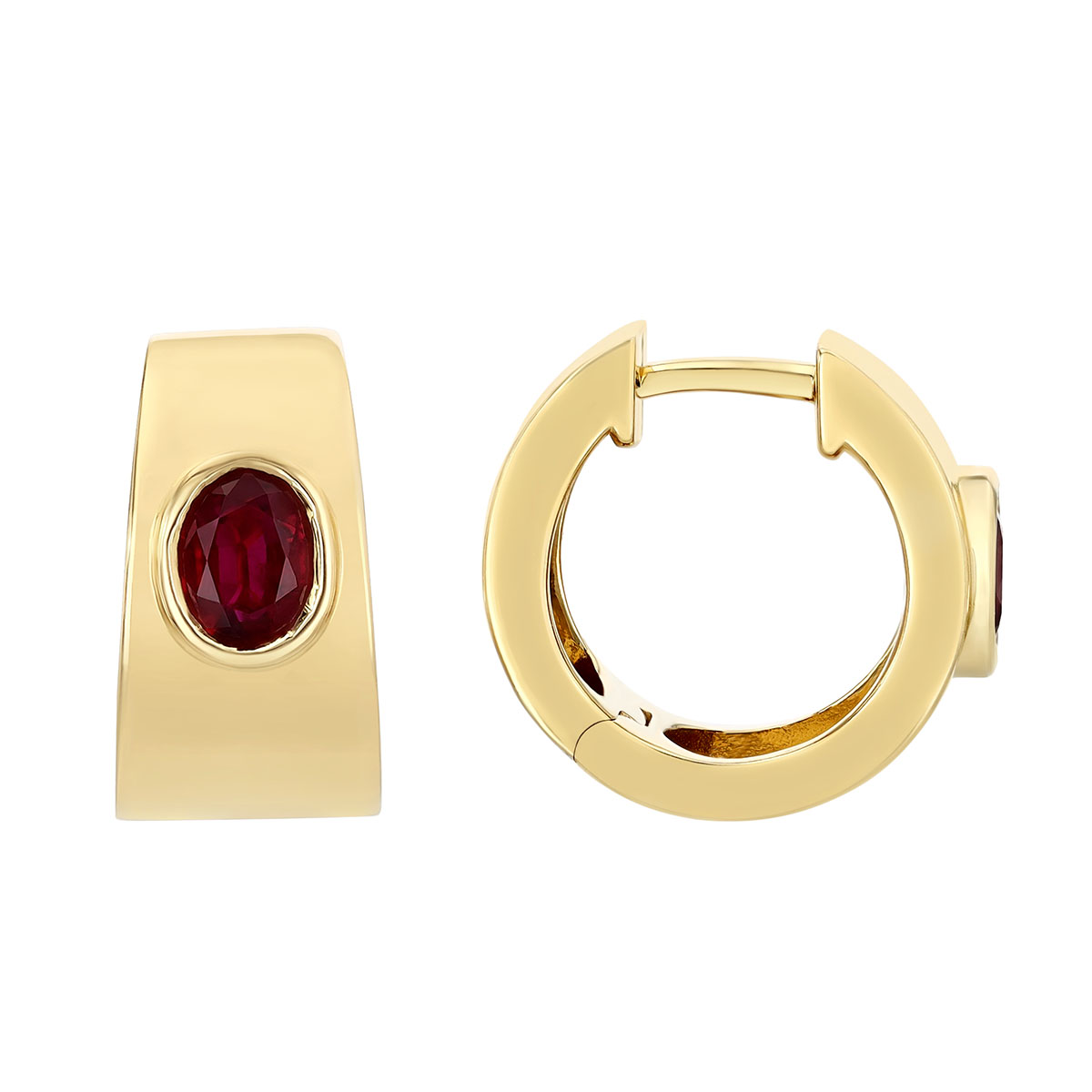 Bezel Set Oval Ruby Huggie Hoop Earrings in Yellow Gold