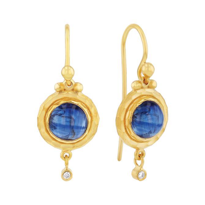 Marika Round Cabochon Sapphire & Diamond Dangle Earrings in Yellow Gold
