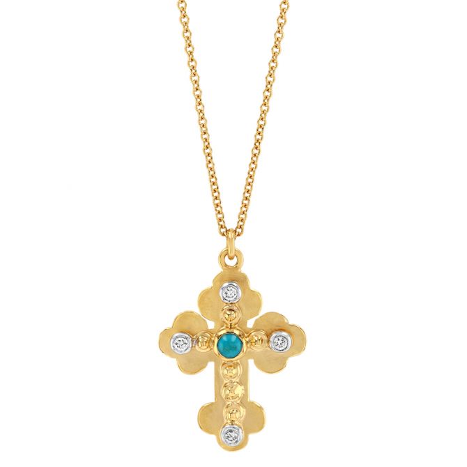Marika Turquoise & Diamond Cross Pendant in Yellow Gold