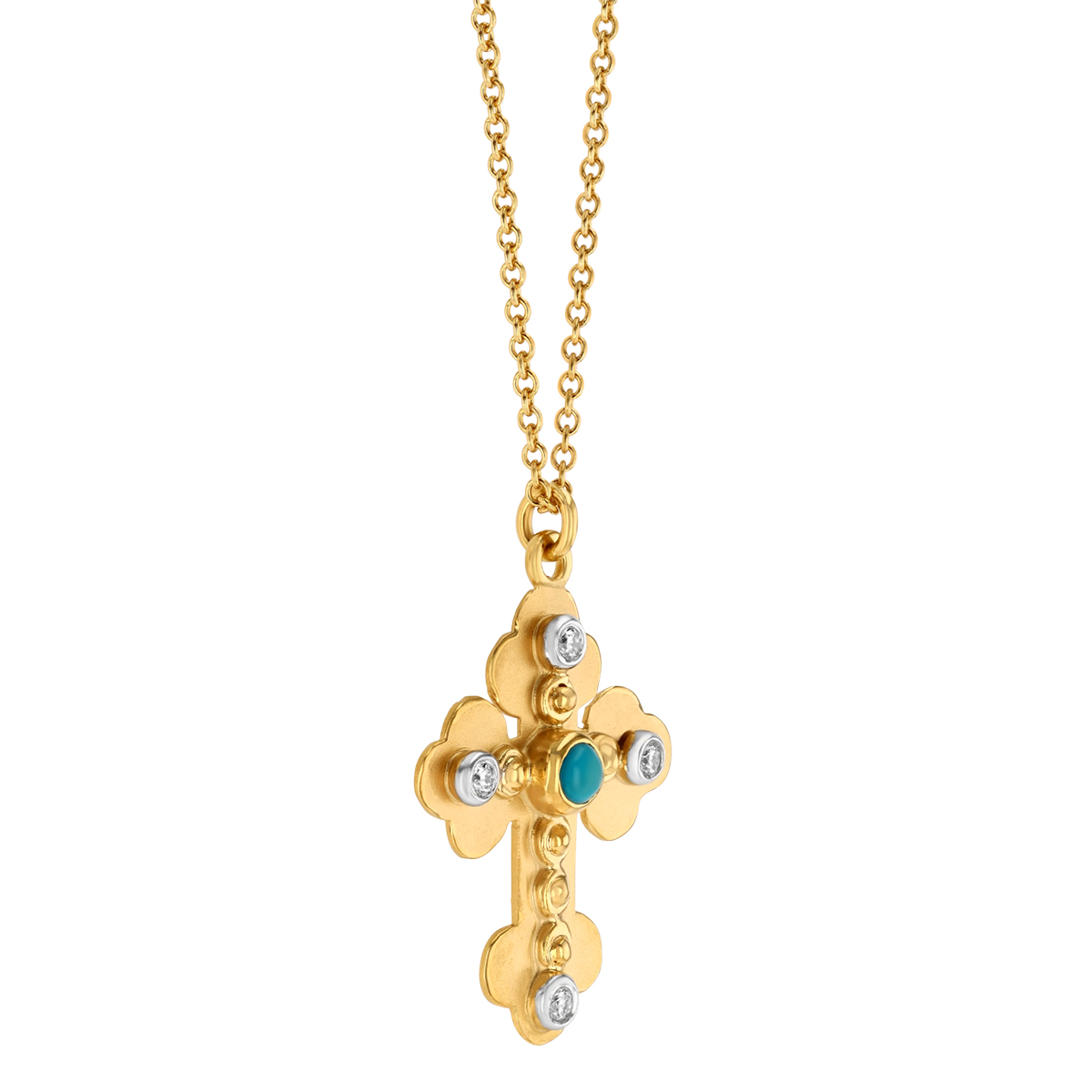 Marika Turquoise & Diamond Cross Pendant in Yellow Gold