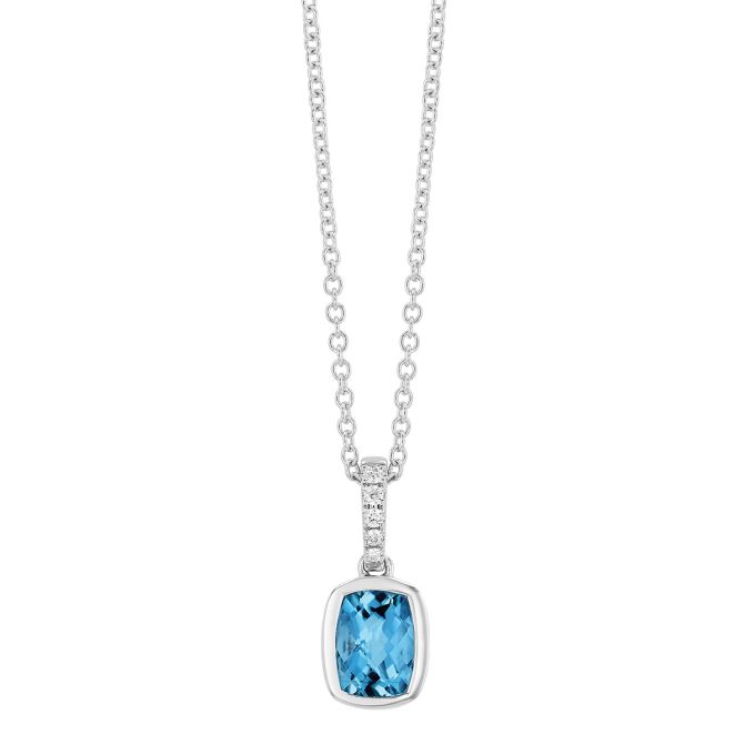 Bezel Set Cushion Cut Topaz & Diamond Pendant in White Gold