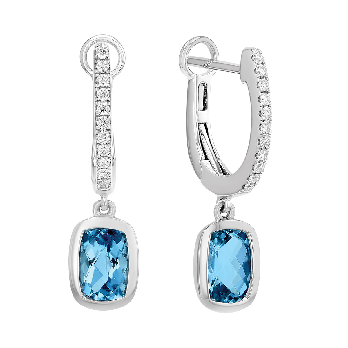 Bezel Set Cushion Cut Topaz & Diamond Dangle Hoop Earrings in White Gold