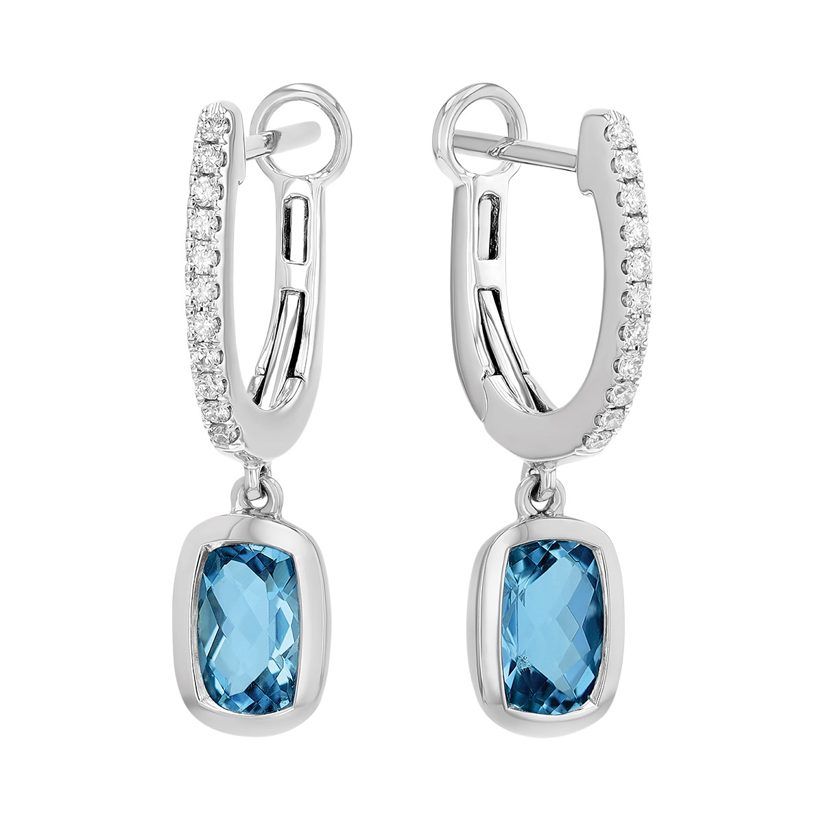 Bezel Set Cushion Cut Topaz & Diamond Dangle Hoop Earrings in White Gold