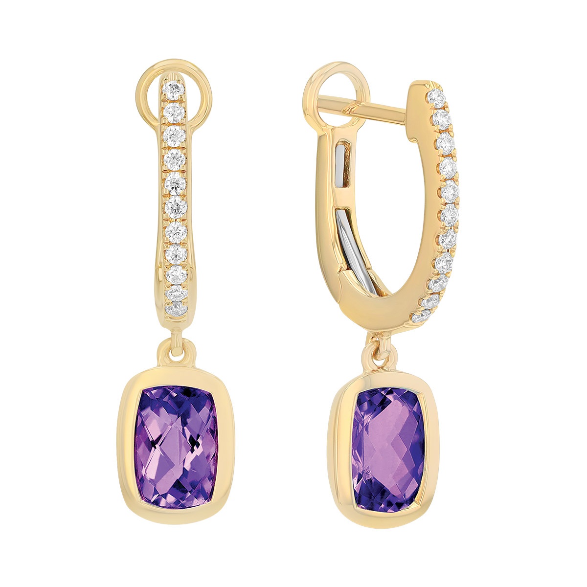 Bezel Set Cushion Cut Amethyst & Diamond Dangle Hoop Earrings in Yellow Gold