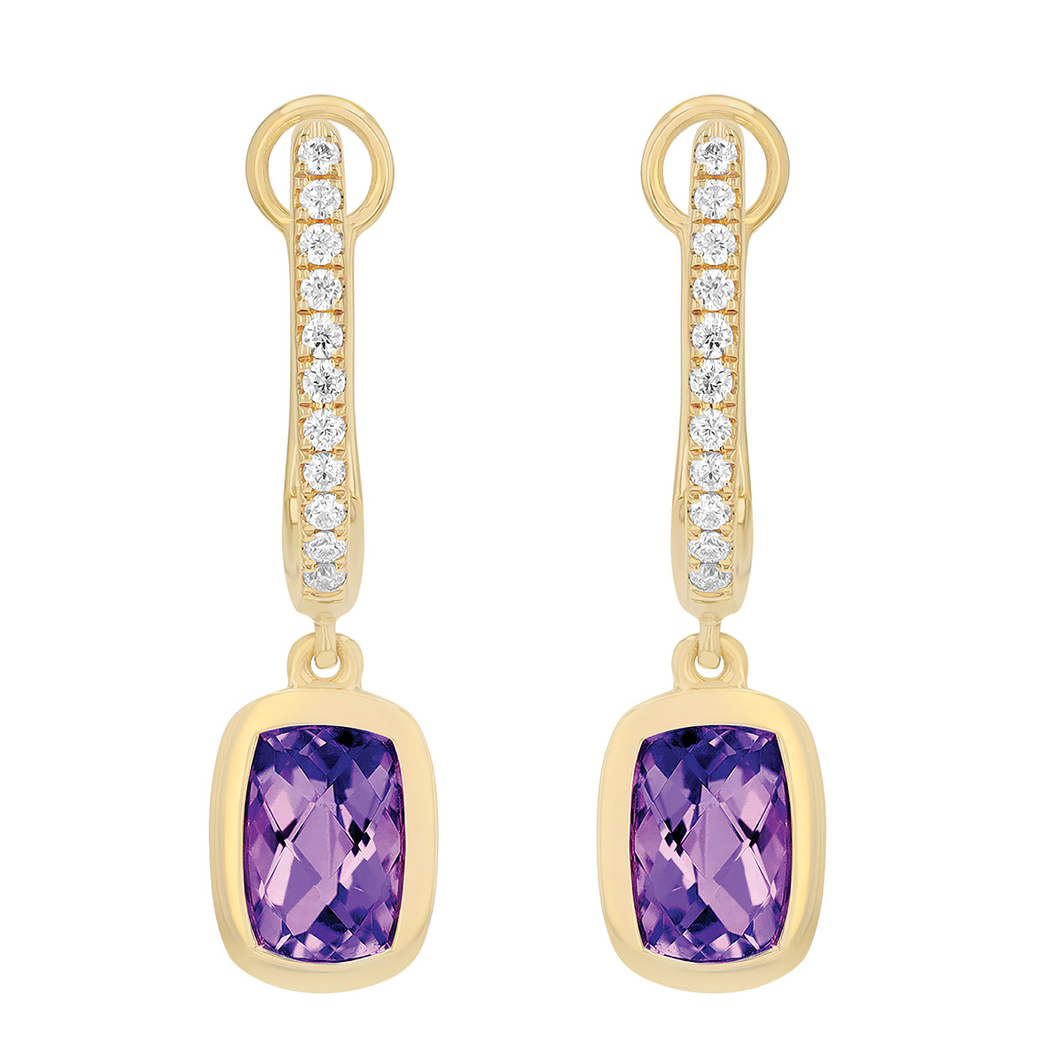 Bezel Set Cushion Cut Amethyst & Diamond Dangle Hoop Earrings in Yellow Gold