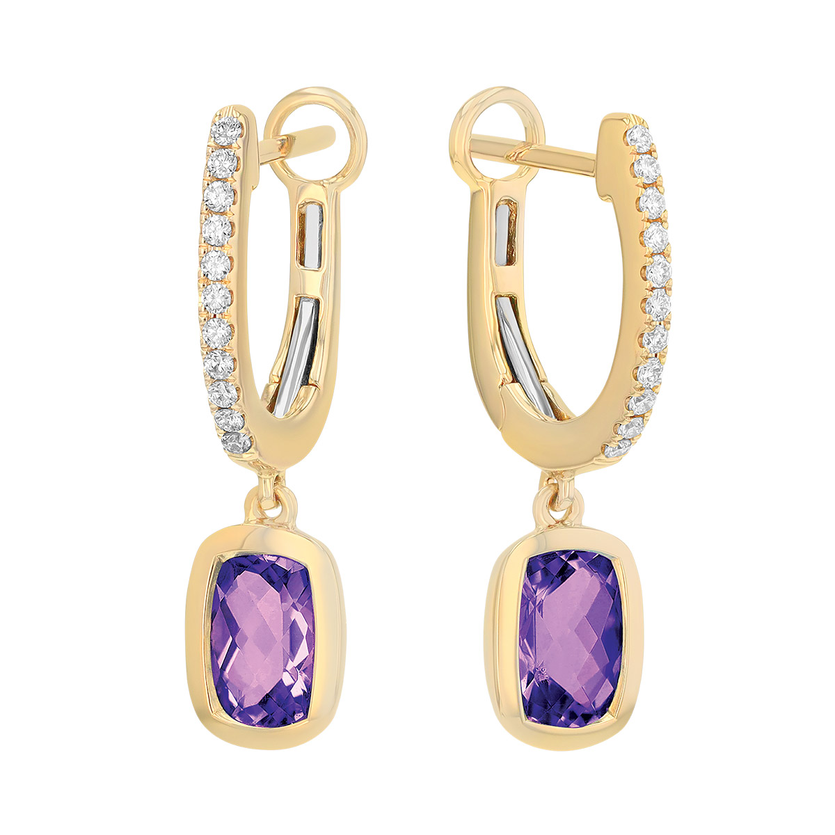 Bezel Set Cushion Cut Amethyst & Diamond Dangle Hoop Earrings in Yellow Gold