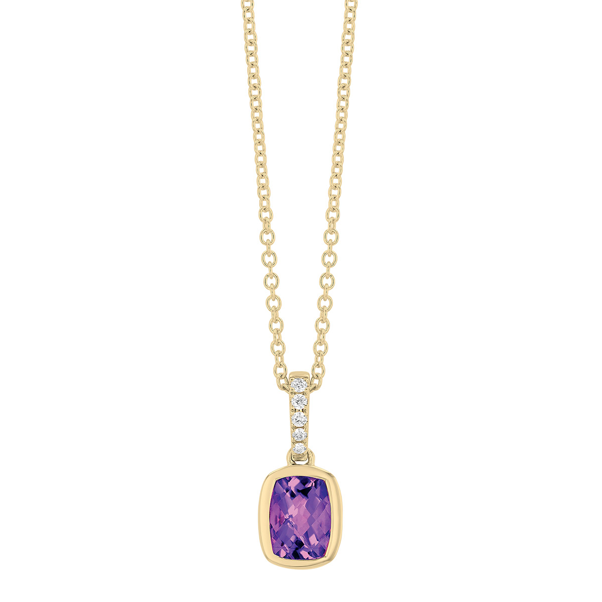 Bezel Set Cushion Cut Amethyst & Diamond Pendant in Yellow Gold