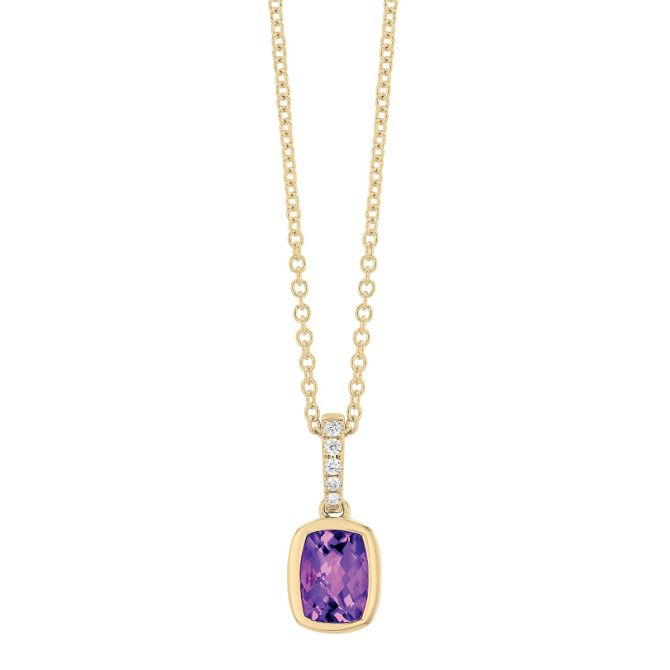 Bezel Set Cushion Cut Amethyst & Diamond Pendant in Yellow Gold