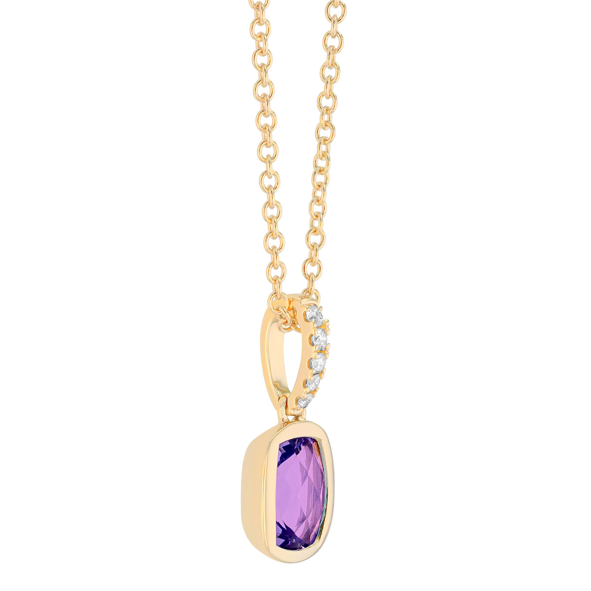 Bezel Set Cushion Cut Amethyst & Diamond Pendant in Yellow Gold