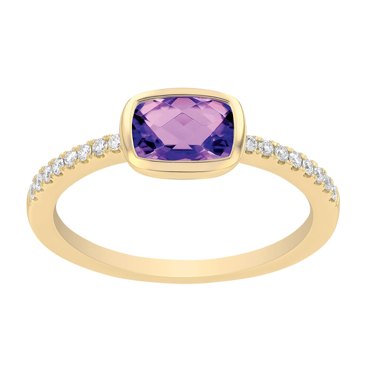 Bezel Set Cushion Cut Amethyst & Diamond Pendant in Yellow Gold