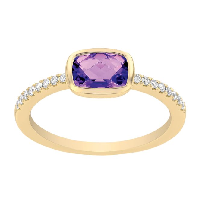 Bezel Set Cushion Cut Amethyst & Diamond Ring in Yellow Gold