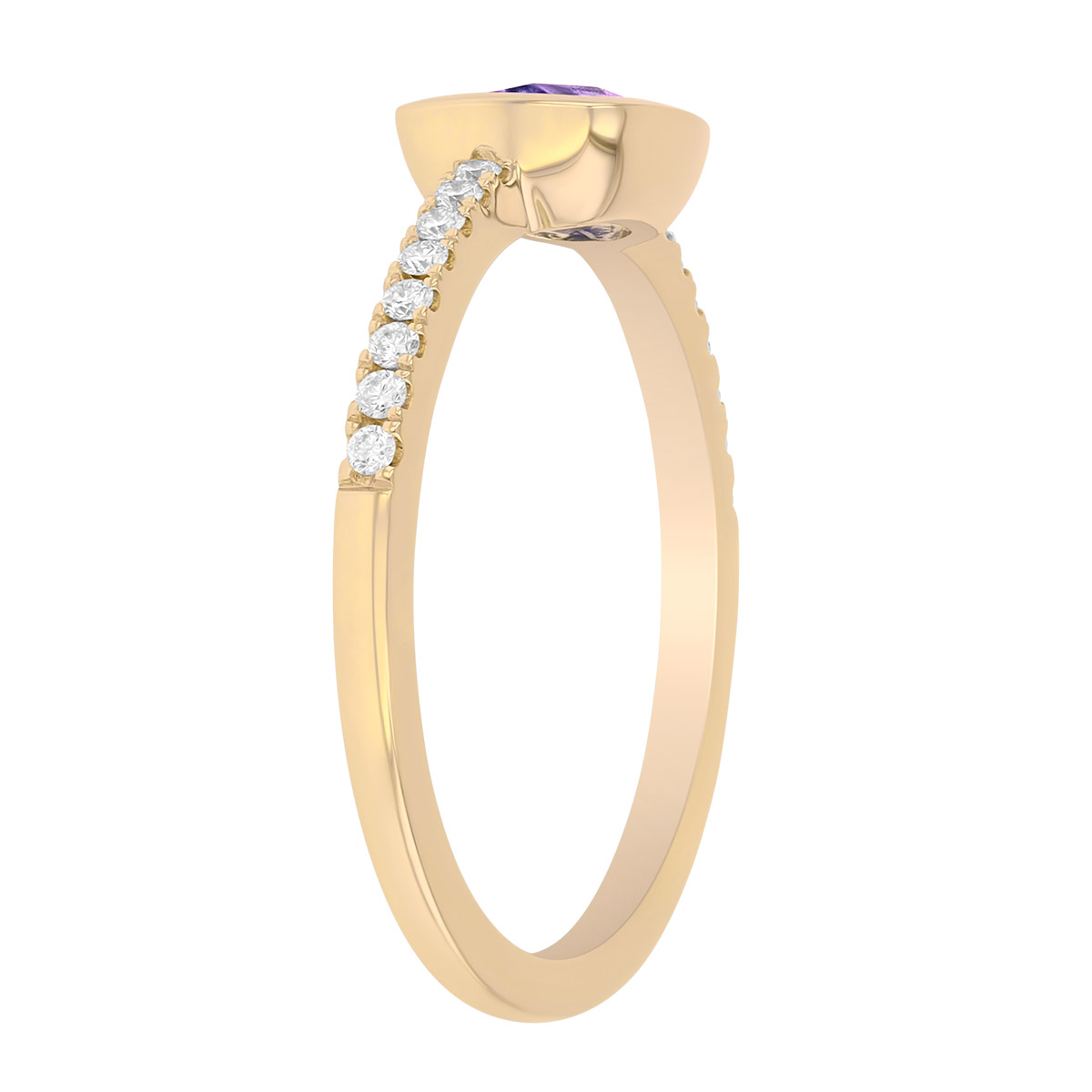 Bezel Set Cushion Cut Amethyst & Diamond Ring in Yellow Gold