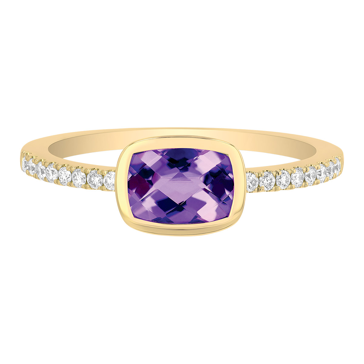 Bezel Set Cushion Cut Amethyst & Diamond Ring in Yellow Gold