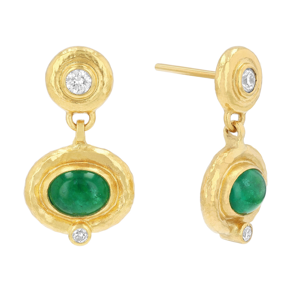 Gurhan Bezel Set Oval Cabochon Emerald & Diamond Dangle Earrings in Yellow Gold
