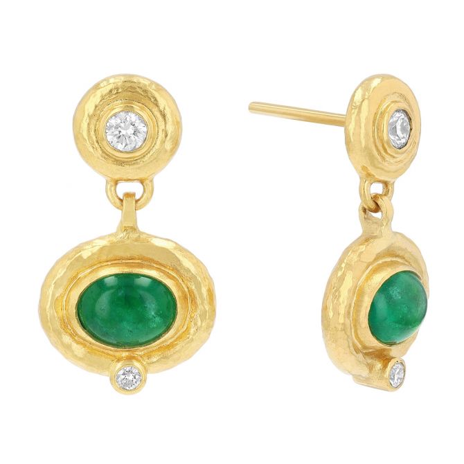 Gurhan Bezel Set Oval Cabochon Emerald & Diamond Dangle Earrings in Yellow Gold