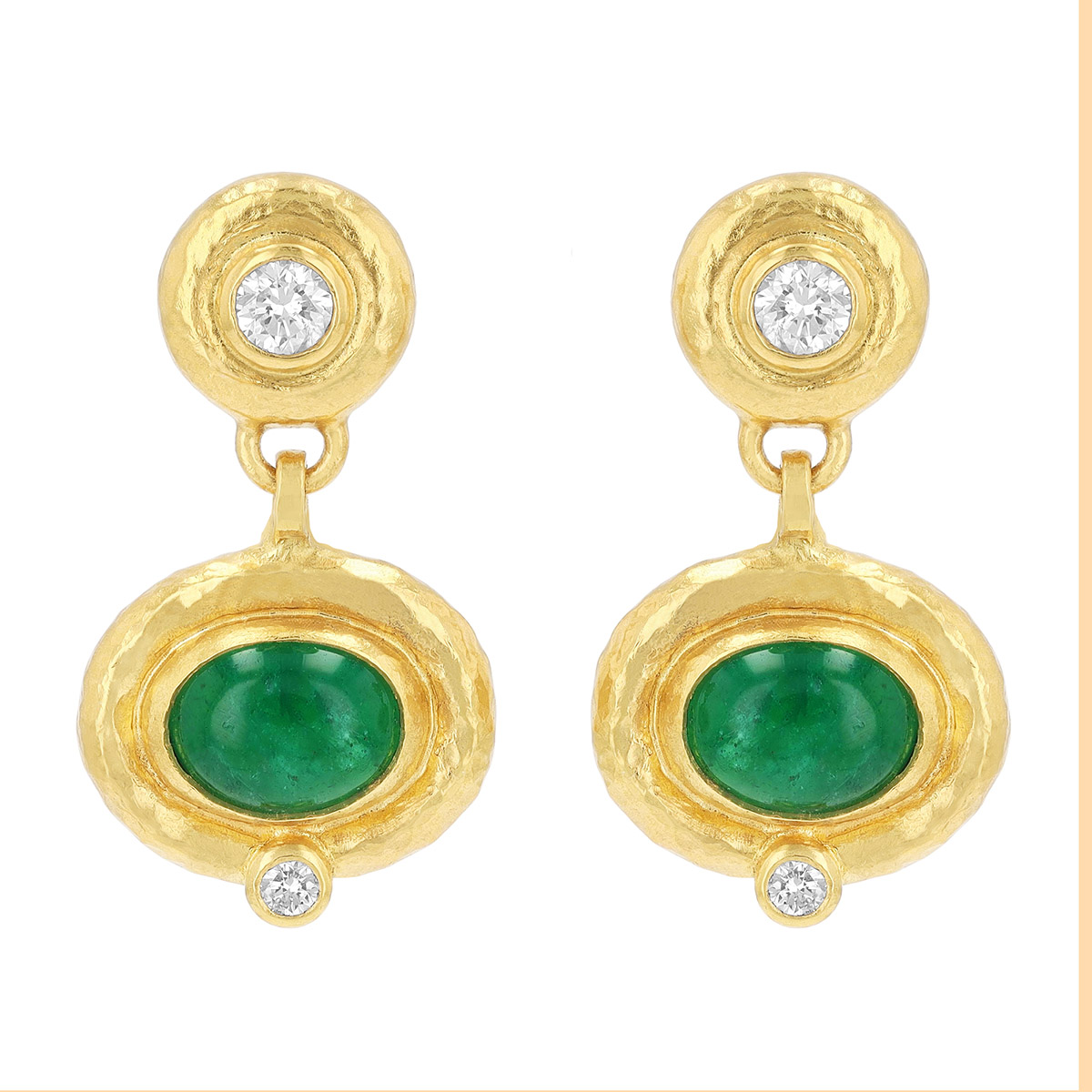 Gurhan Bezel Set Oval Cabochon Emerald & Diamond Dangle Earrings in Yellow Gold