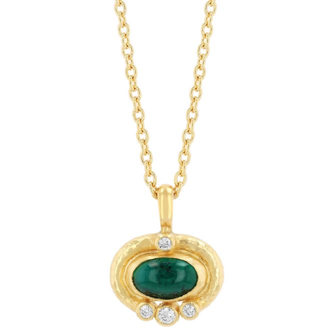 Gurhan Bezel Set Oval Cabochon Emerald & Diamond Pendant in Yellow Gold, 18"