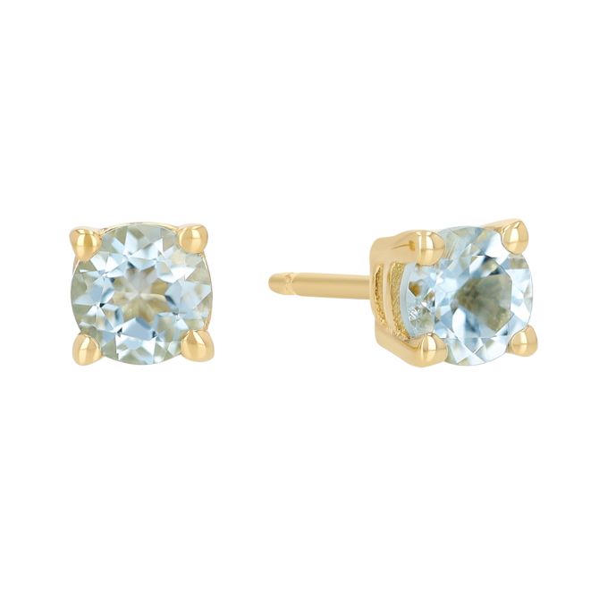 Dainty Round Aquamarine Stud Earrings in Yellow Gold