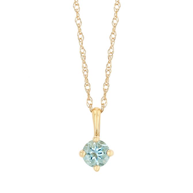 Round Aquamarine Solitaire Pendant in Yellow Gold, 18"