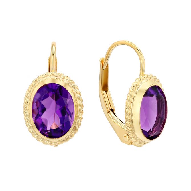 Bezel Set Oval Amethyst Drop Earrings in Yellow Gold