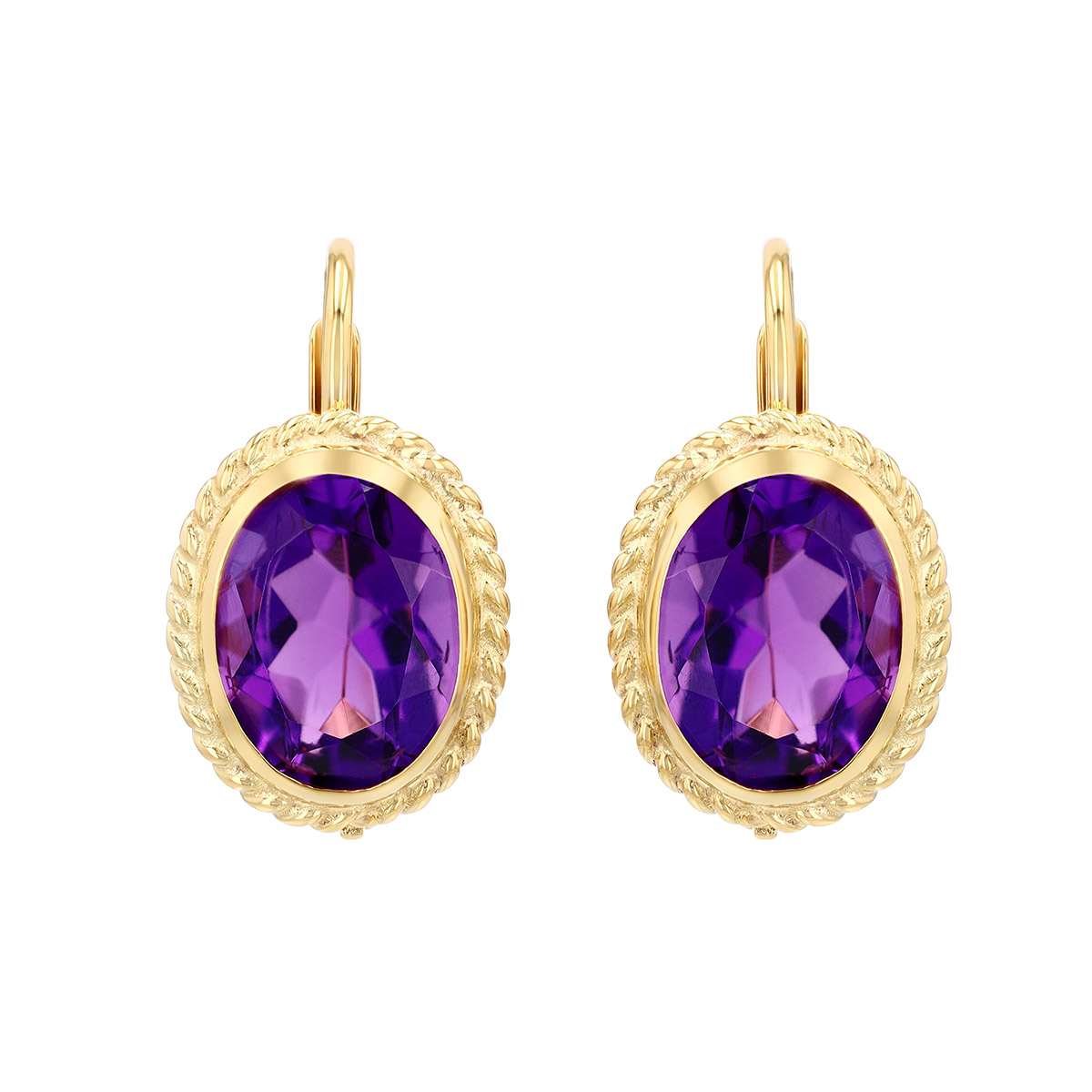 Bezel Set Oval Amethyst Drop Earrings in Yellow Gold