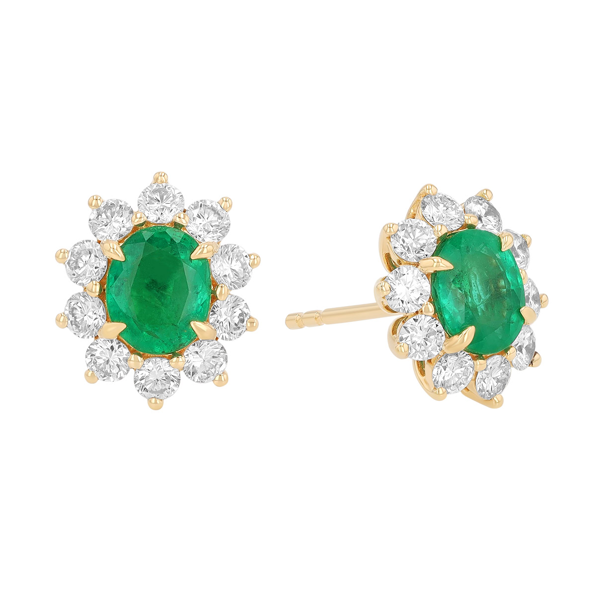 TARA Pearls Oval Emerald & Diamond Halo Floral Stud Earrings in Yellow Gold