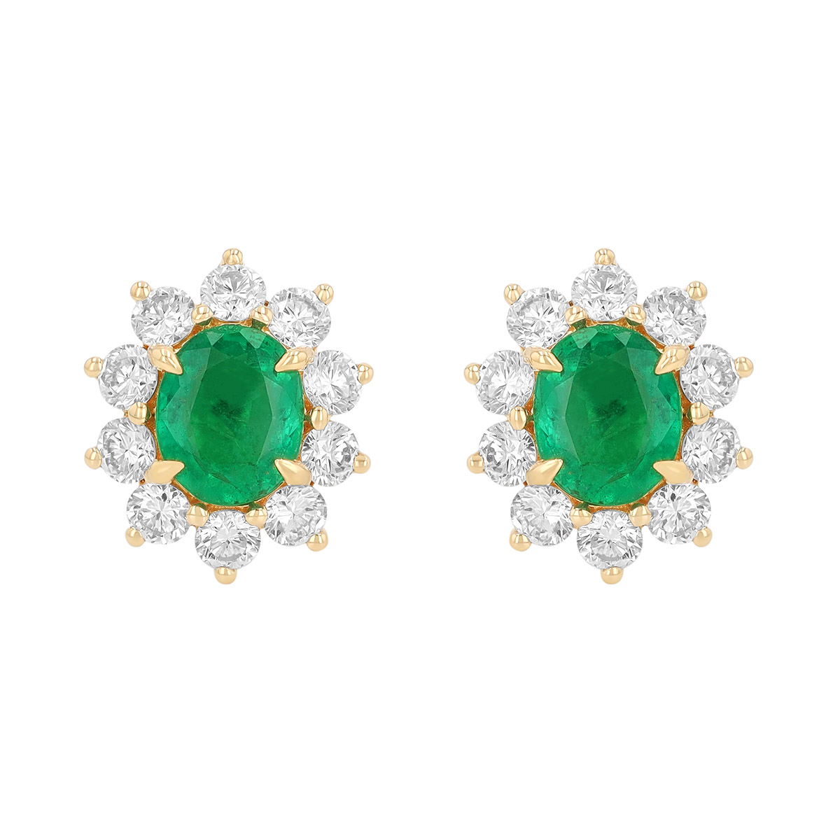 TARA Pearls Oval Emerald & Diamond Halo Floral Stud Earrings in Yellow Gold
