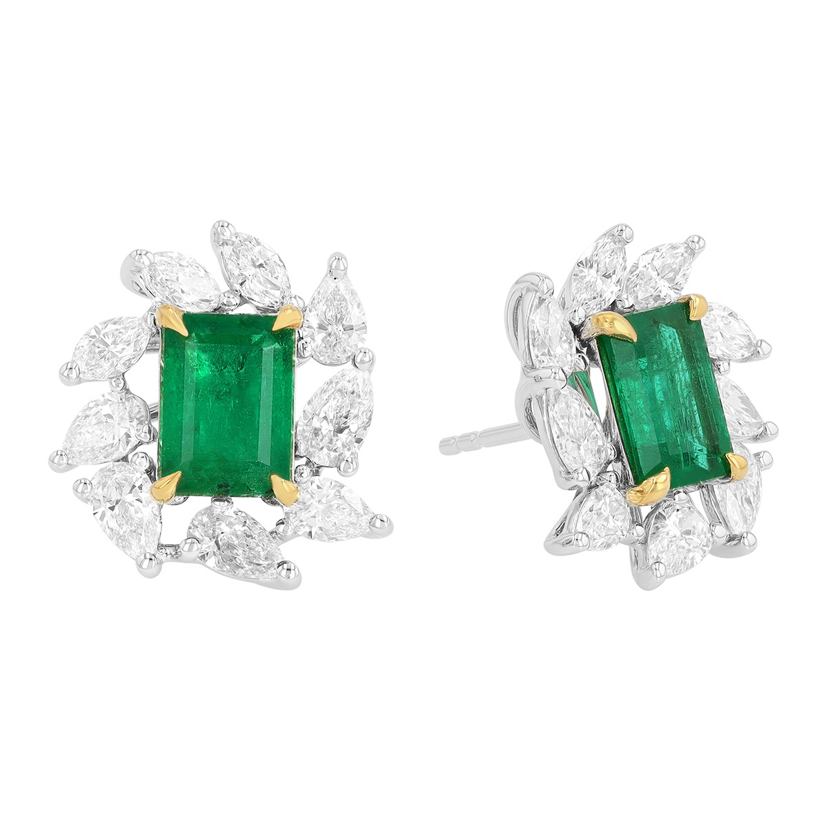 TARA Pearls Emerald Cut Emerald & Mixed Shape Diamond Halo Stud Earrings in Two Tone
