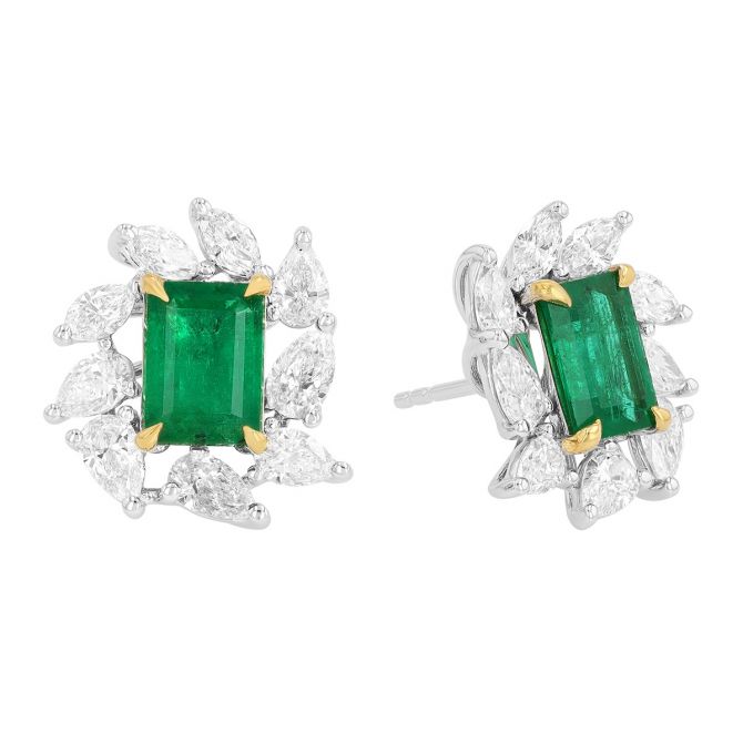 TARA Pearls Emerald Cut Emerald & Mixed Shape Diamond Halo Stud Earrings in Two Tone