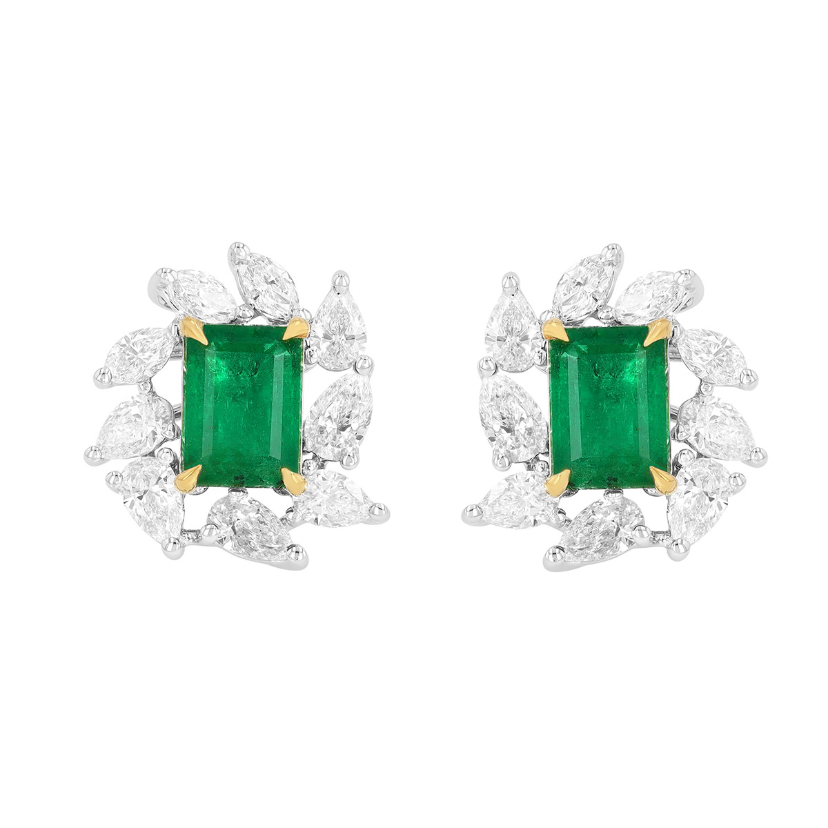 TARA Pearls Emerald Cut Emerald & Mixed Shape Diamond Halo Stud Earrings in Two Tone