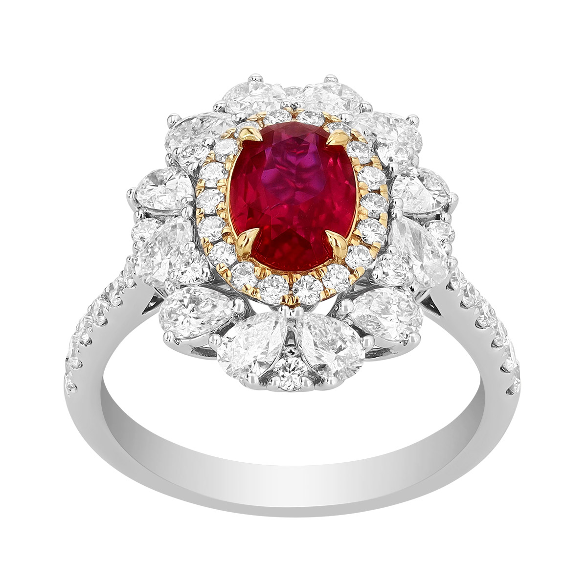 TARA Pearls Oval Ruby & Mixed Shape Diamond Double Halo Ring in Two Tone