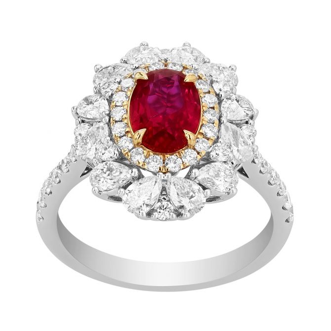 TARA Pearls Oval Ruby & Mixed Shape Diamond Double Halo Ring in Two Tone