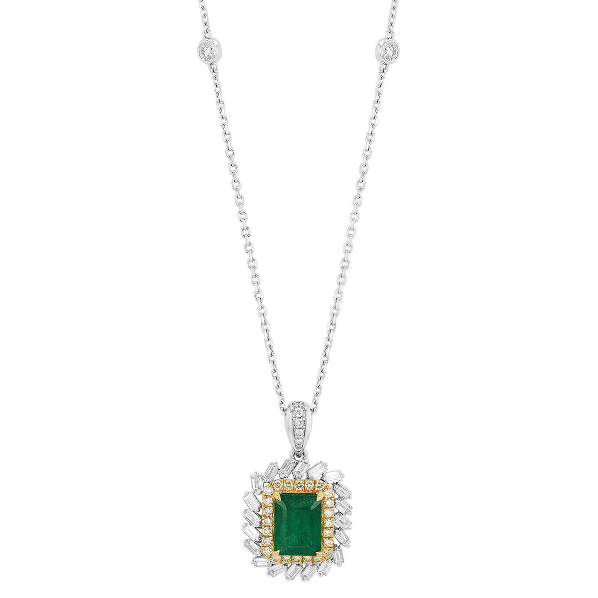 TARA Pearls Emerald Cut Emerald & Mixed Shape Diamond Double Halo Pendant in Two Tone, 18