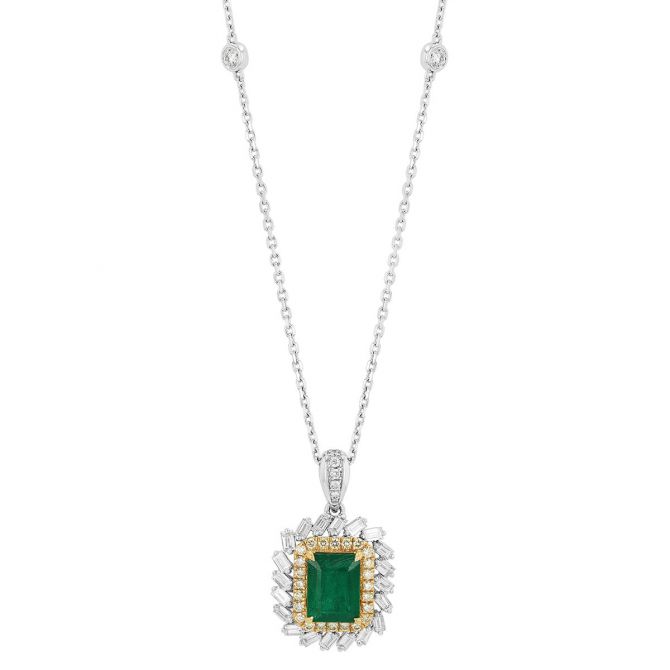 TARA Pearls Emerald Cut Emerald & Mixed Shape Diamond Double Halo Pendant in Two Tone, 18"