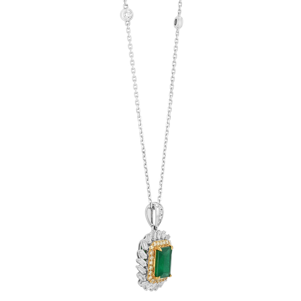 TARA Pearls Emerald Cut Emerald & Mixed Shape Diamond Double Halo Pendant in Two Tone, 18
