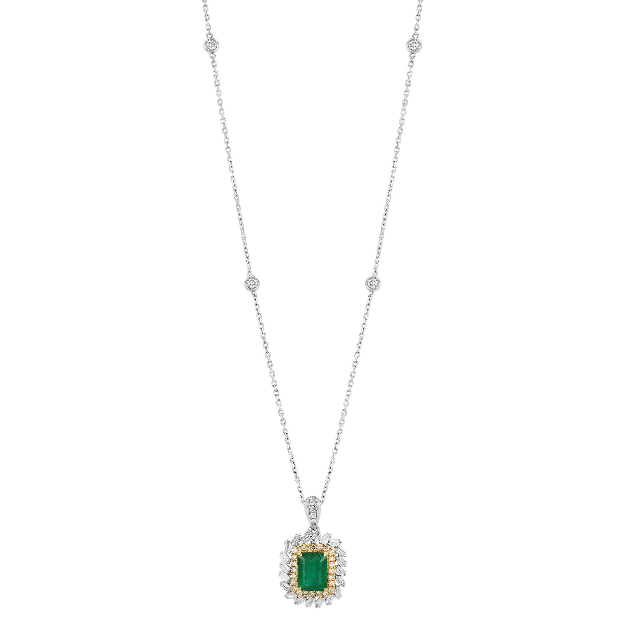 TARA Pearls Emerald Cut Emerald & Mixed Shape Diamond Double Halo Pendant in Two Tone, 18