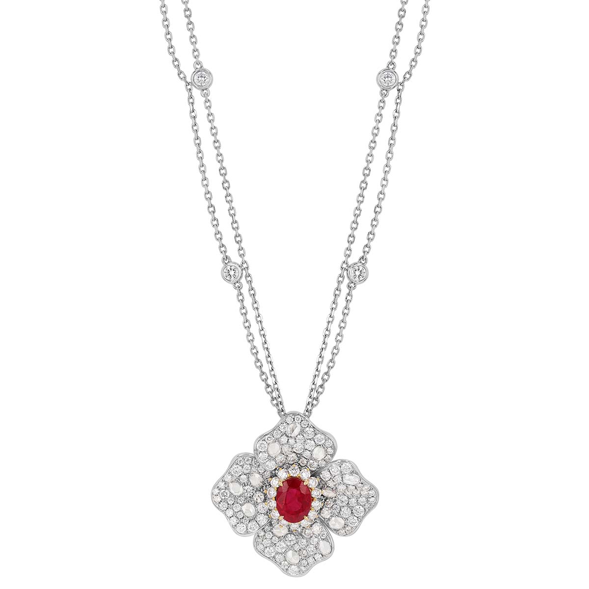 TARA Pearls Oval Ruby & Diamond Pavé Floral Pendant Double Strand Necklace in Two Tone, 18