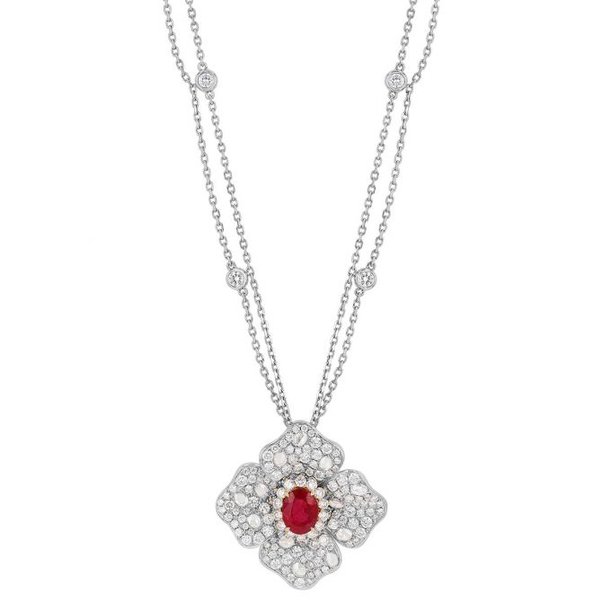 TARA Pearls Oval Ruby & Diamond Pavé Floral Pendant Double Strand Necklace in Two Tone, 18"