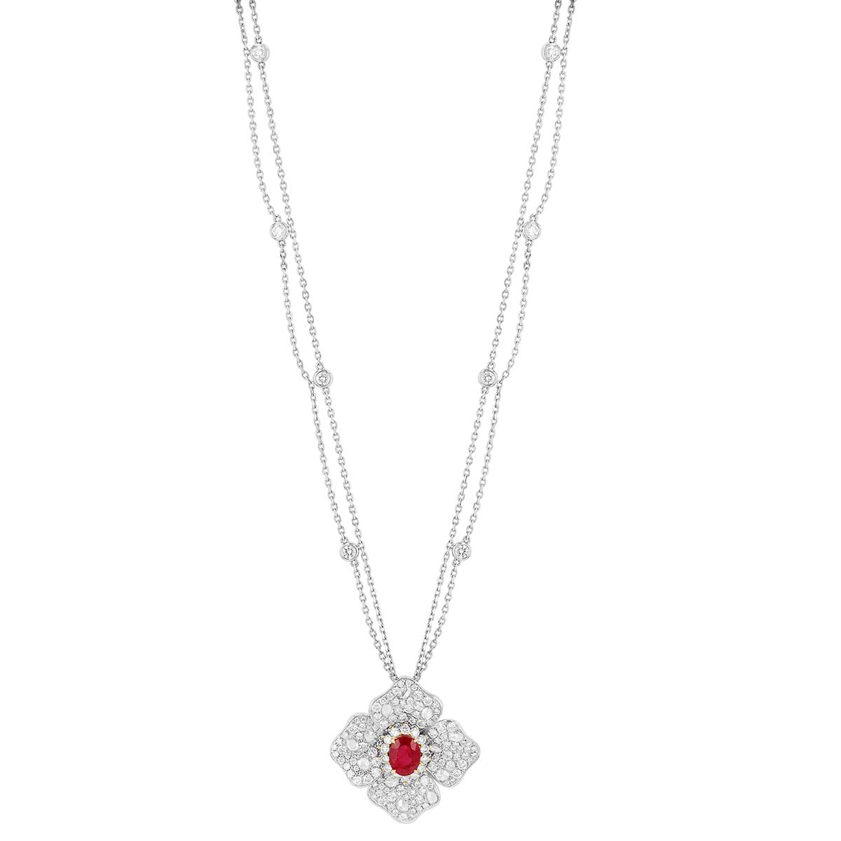 TARA Pearls Oval Ruby & Diamond Pavé Floral Pendant Double Strand Necklace in Two Tone, 18
