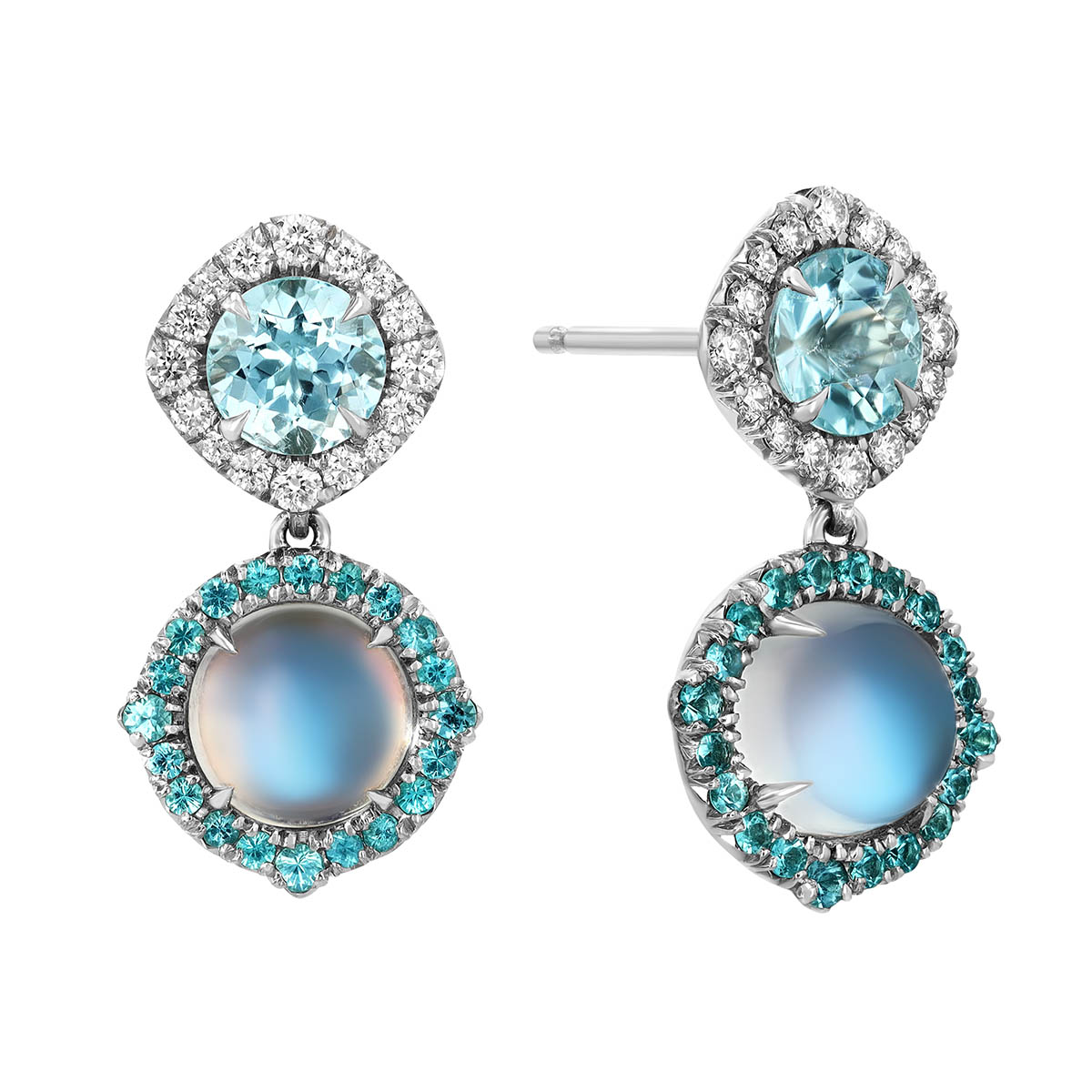 Omi Prive Monaco Round Moonstone, Paraiba Tourmaline & Diamond Dangle Earrings in Platinum