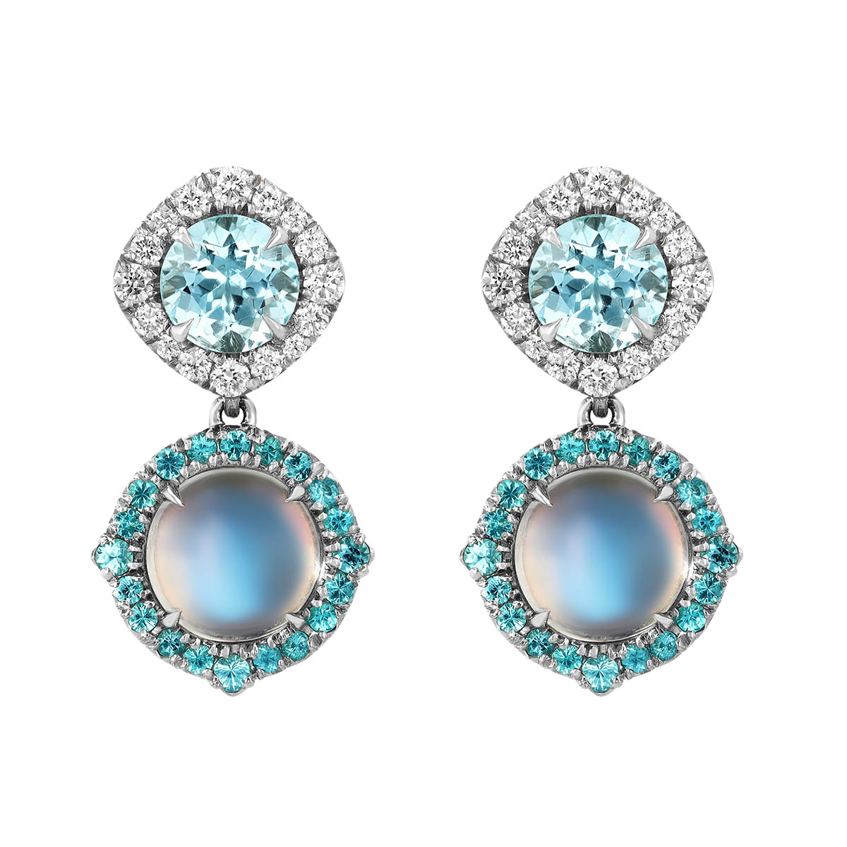 Omi Prive Monaco Round Moonstone, Paraiba Tourmaline & Diamond Dangle Earrings in Platinum