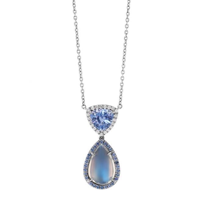 Omi Prive Dore Pear Shape Moonstone, Trillion Sapphire, & Diamond Pendant in Platinum, 18"