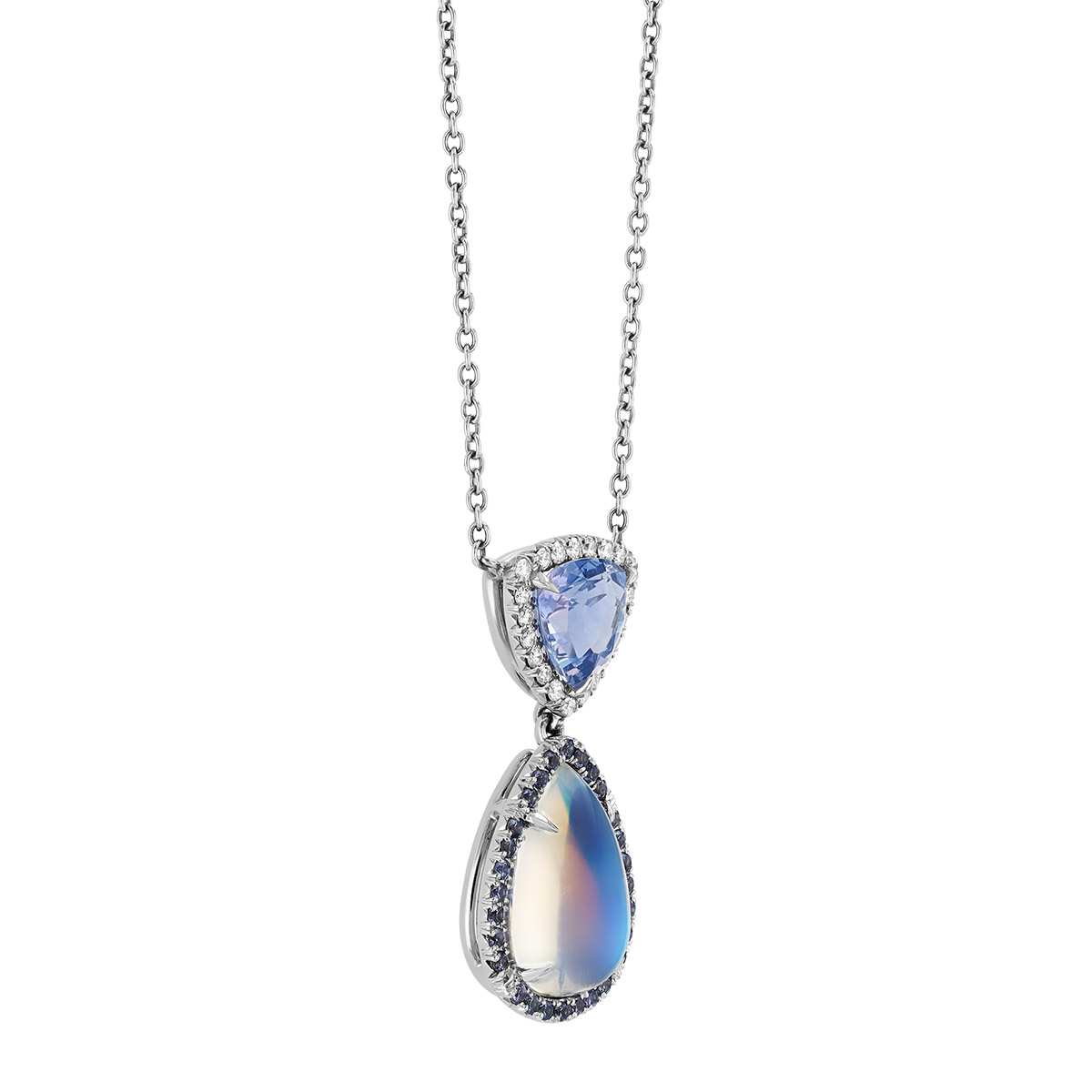 Omi Prive Dore Pear Shape Moonstone, Trillion Sapphire, & Diamond Pendant in Platinum, 18