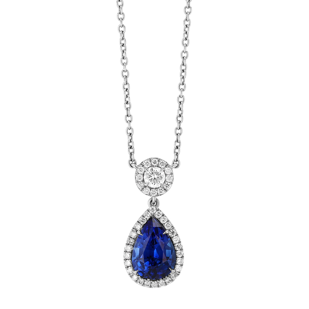 Omi Prive Dore Pear Shape Sapphire & Diamond Halo Pendant in Platinum, 18