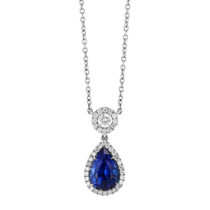 Omi Prive Dore Pear Shape Sapphire & Diamond Halo Pendant in Platinum, 18"