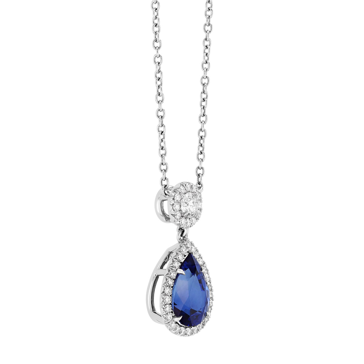 Omi Prive Dore Pear Shape Sapphire & Diamond Halo Pendant in Platinum, 18