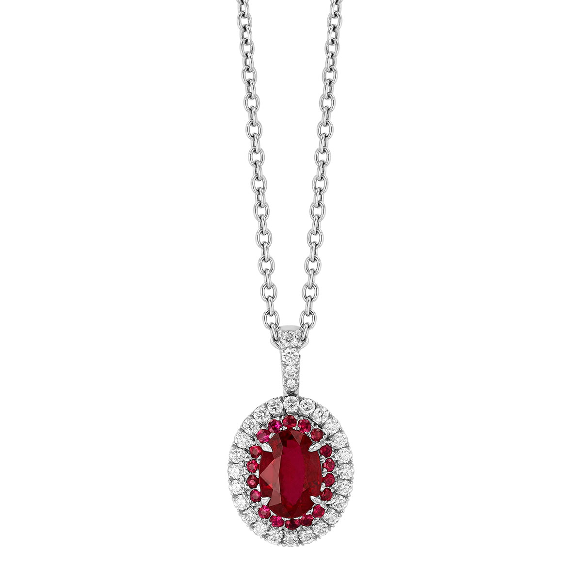Omi Prive Duet Oval Ruby & Diamond Halo Pendant in Platinum, 18